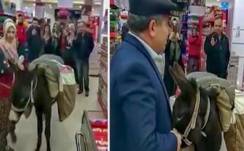 Με γάιδαρο στο σούπερ μάρκετ, για να μην πληρώσουν τις σακούλες